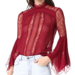 Alice + Olivia Silk Ivy Handkerchief Burgundy Lace Blouse
